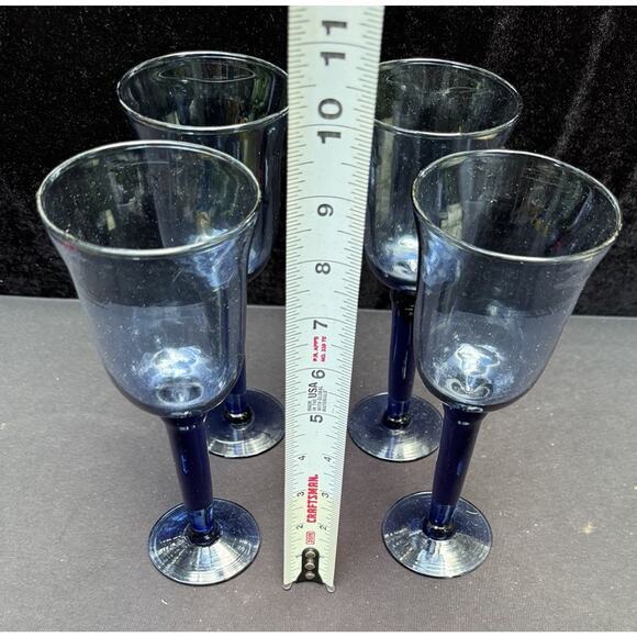 4 Beautiful Handblown Long Stem Wine Goblets Blue Dark Blue Stems 9" Tall - Picture 7 of 10
